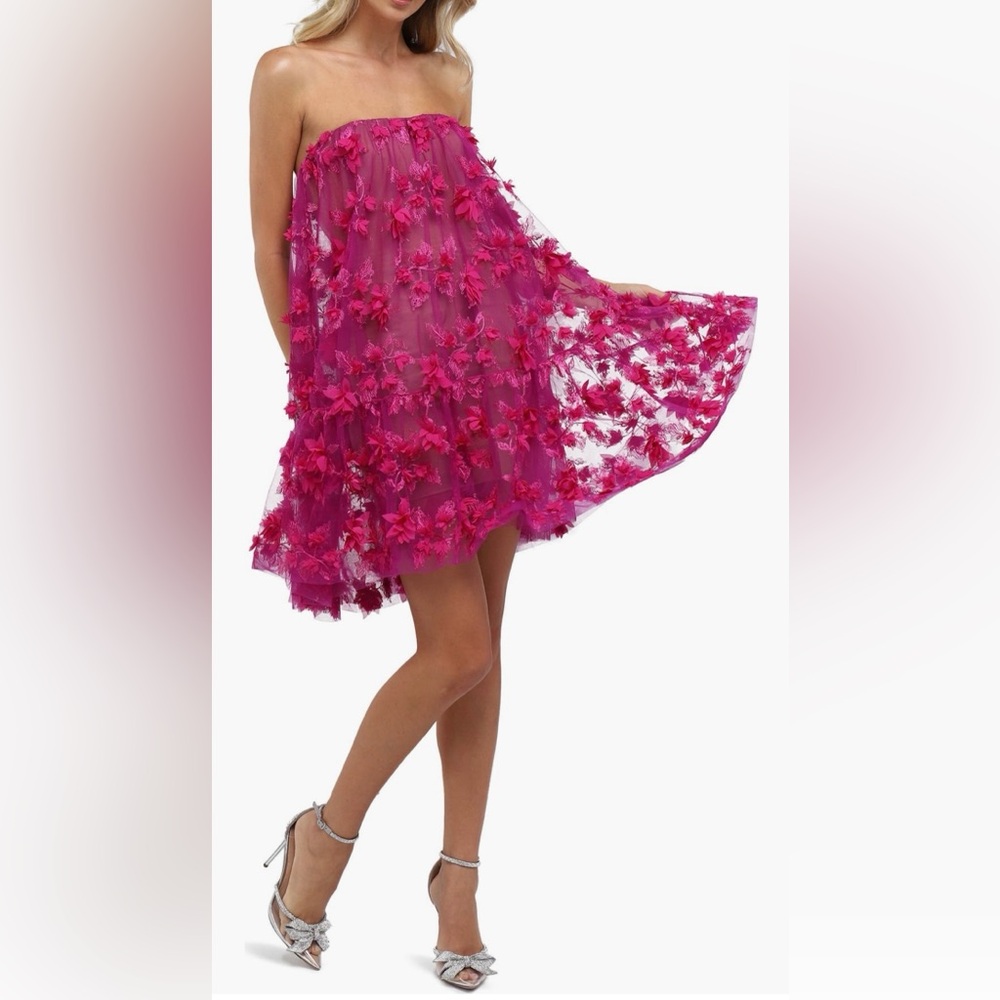 Helsi Bianca Floral Appliqué Strapless 3D Mini Dress Magenta Size L